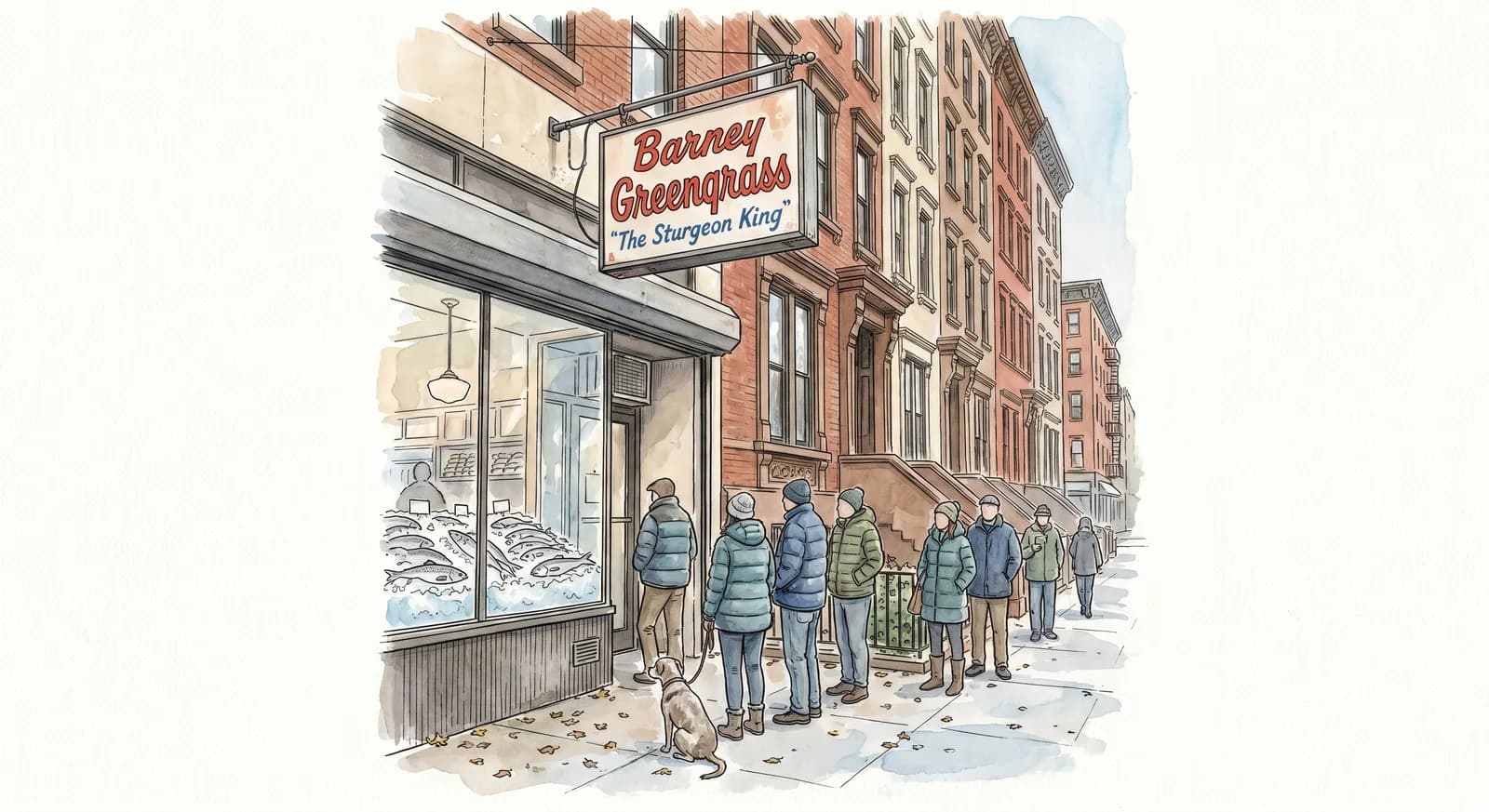 Exterior of Barney Greengrass at 541 Amsterdam Avenue, vintage red and white storefront sign, a small line of locals waiting on the sidewalk