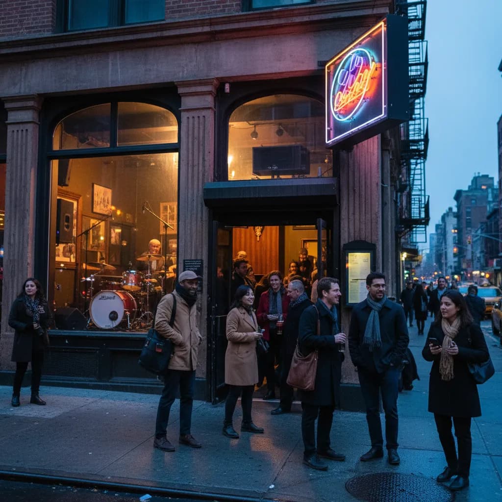 A New York live-music bar exterior at blue hour with people entering.
