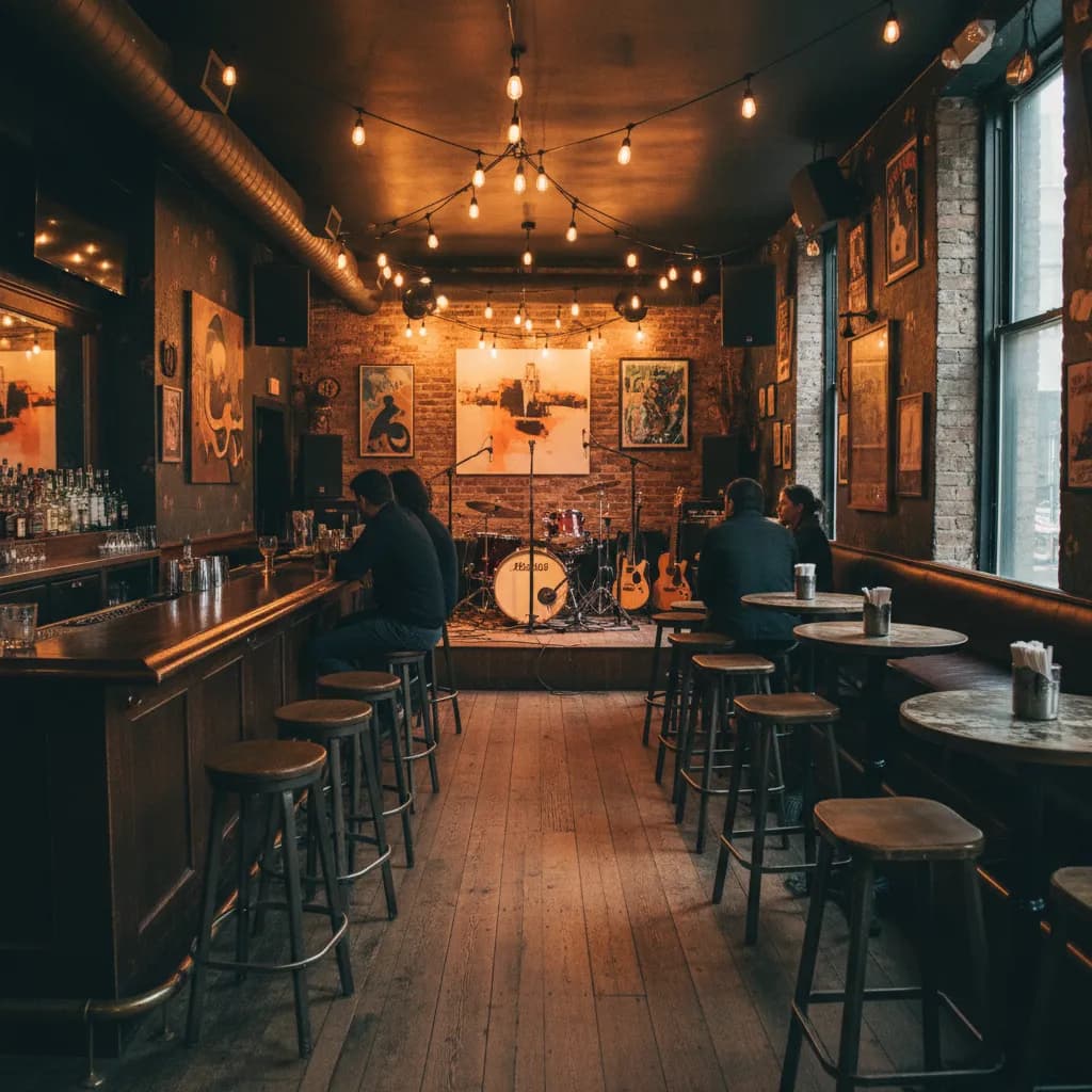 An intimate Brooklyn music bar interior with a small stage and amber lights before a show.