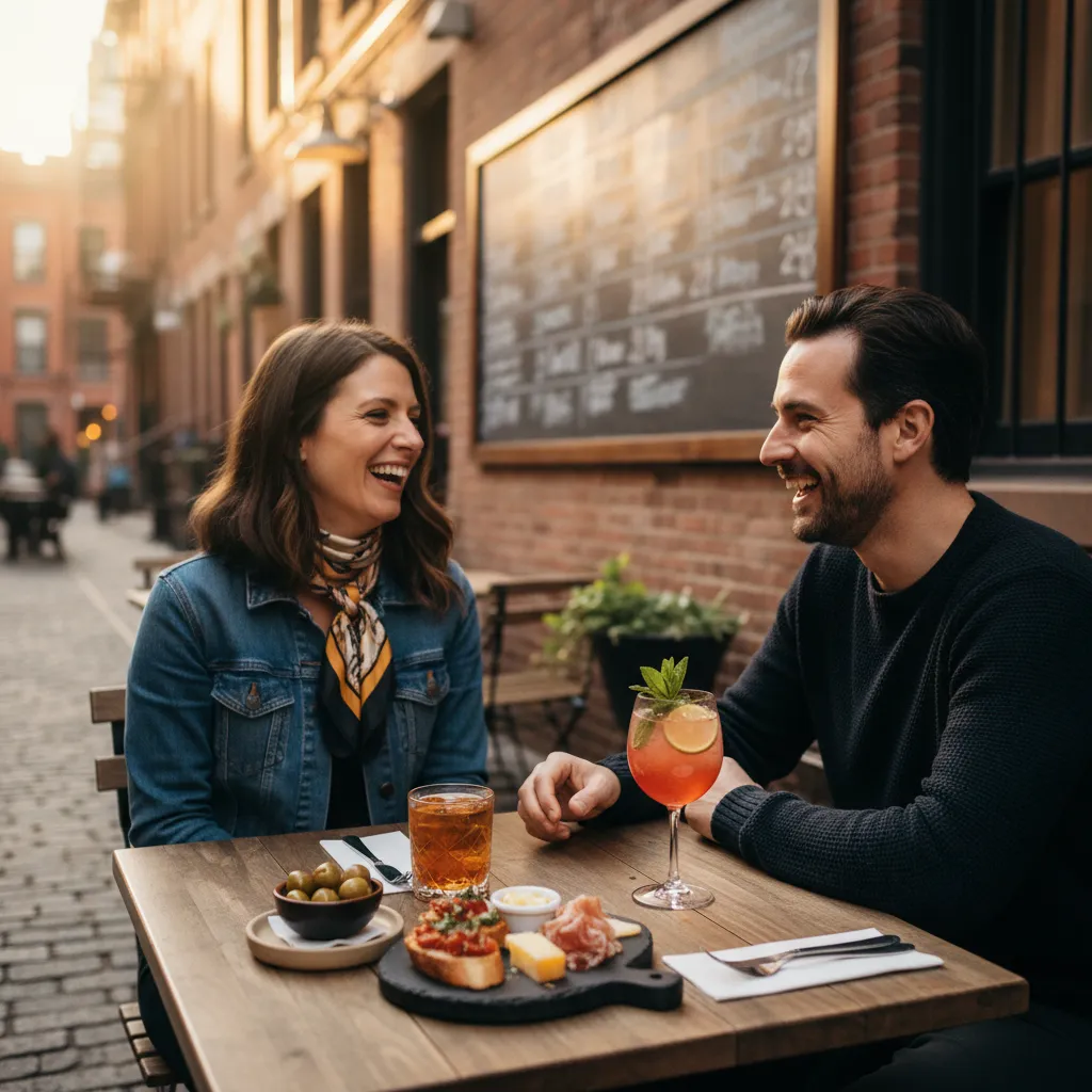 A happy-hour table near a music venue with drinks, small plates, and warm lighting.