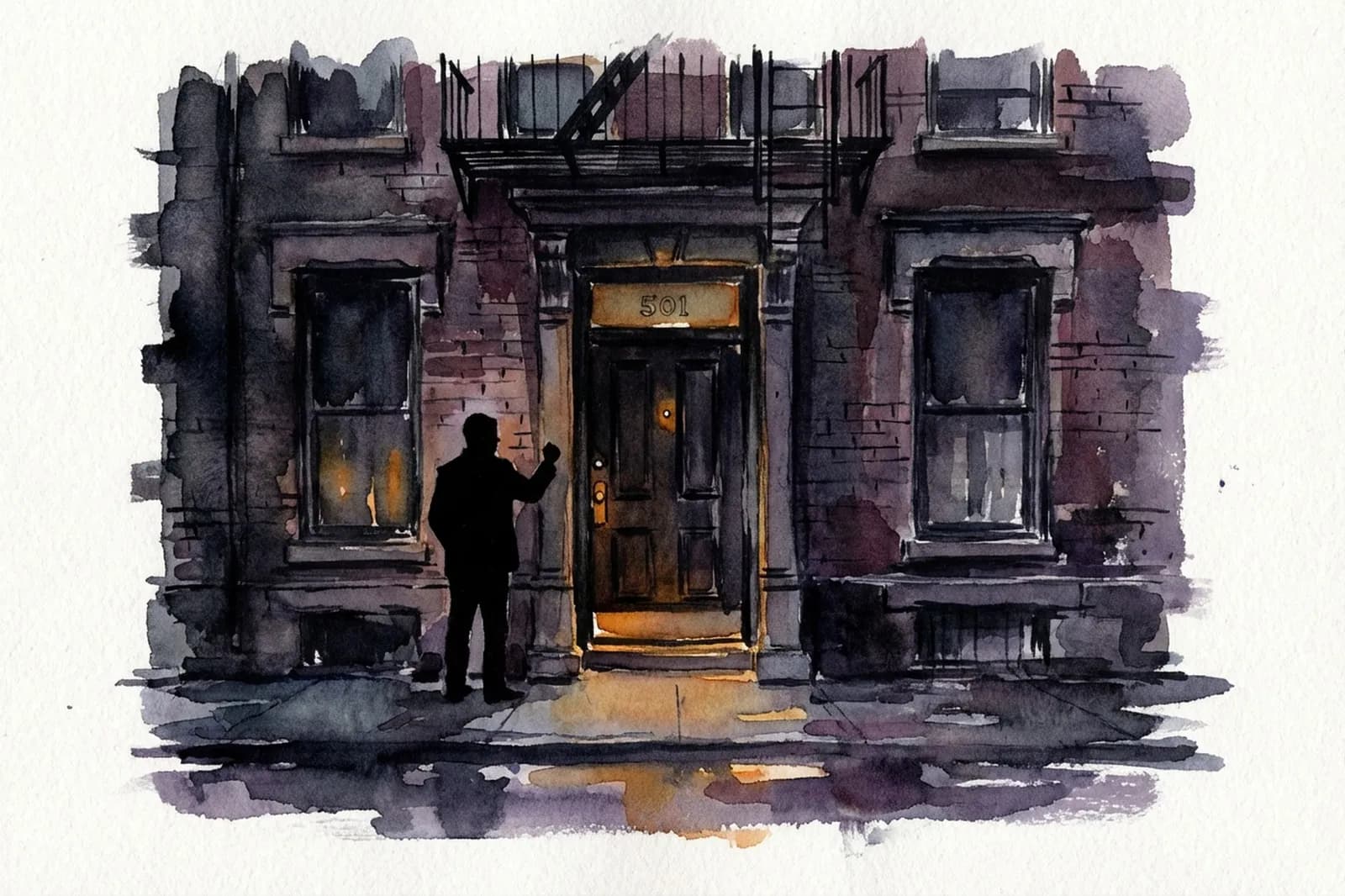 AI-generated watercolor: a heavy unmarked wooden door at 501 Jones Street at night, warm amber light seeping underneath, single silhouetted figure standing at door, wet Tenderloin pavement, Victorian brick and fire escapes above