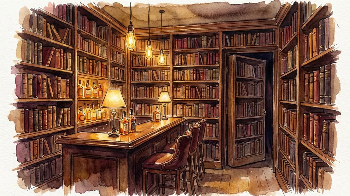 AI-generated watercolor: intimate speakeasy library bar interior, floor-to-ceiling bookshelves, small wooden bar with backlit amber whiskey bottles, concealed door in bookshelf slightly ajar, warm gold pendant lights