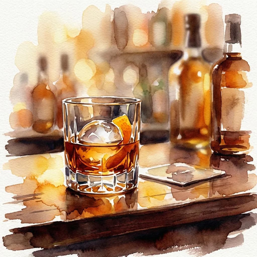AI-generated watercolor: crystal rocks glass with amber bourbon, spherical ice ball, orange peel garnish on dark mahogany bar, soft focus backlit bottles behind