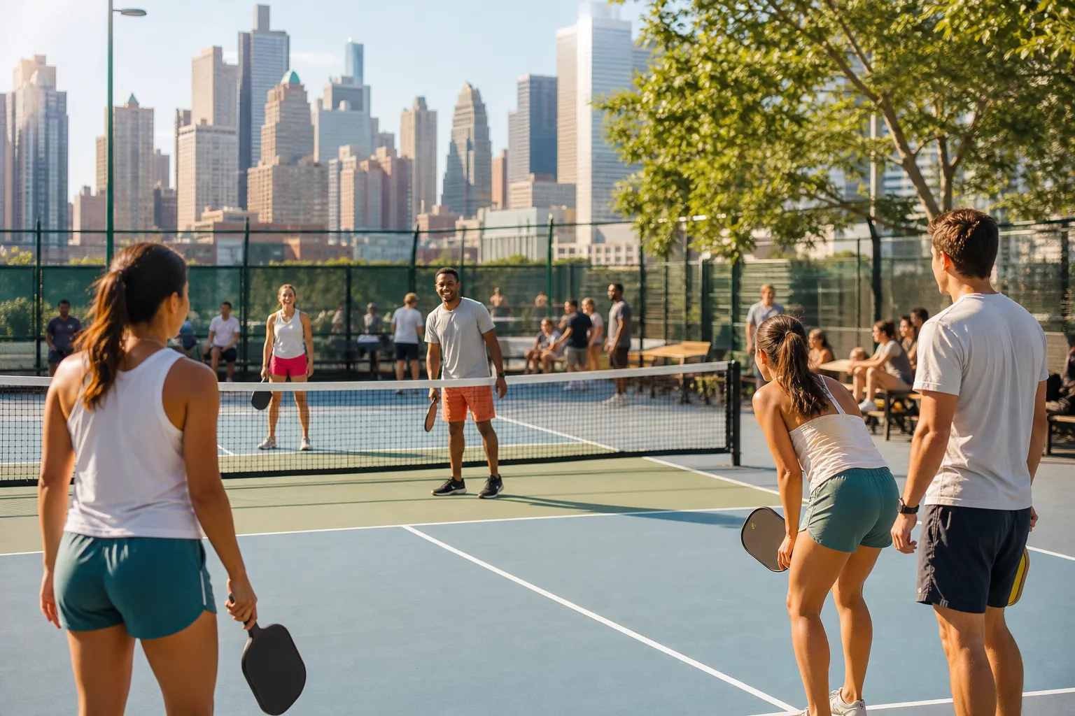 Bright NYC public pickleball court with beginner social energy