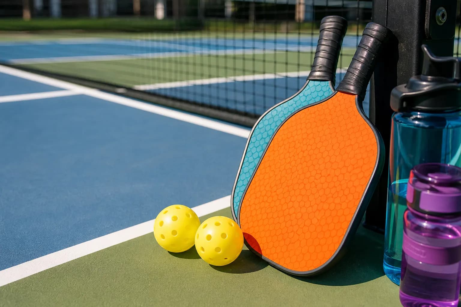 Colorful pickleball paddles and court-line details in summer light