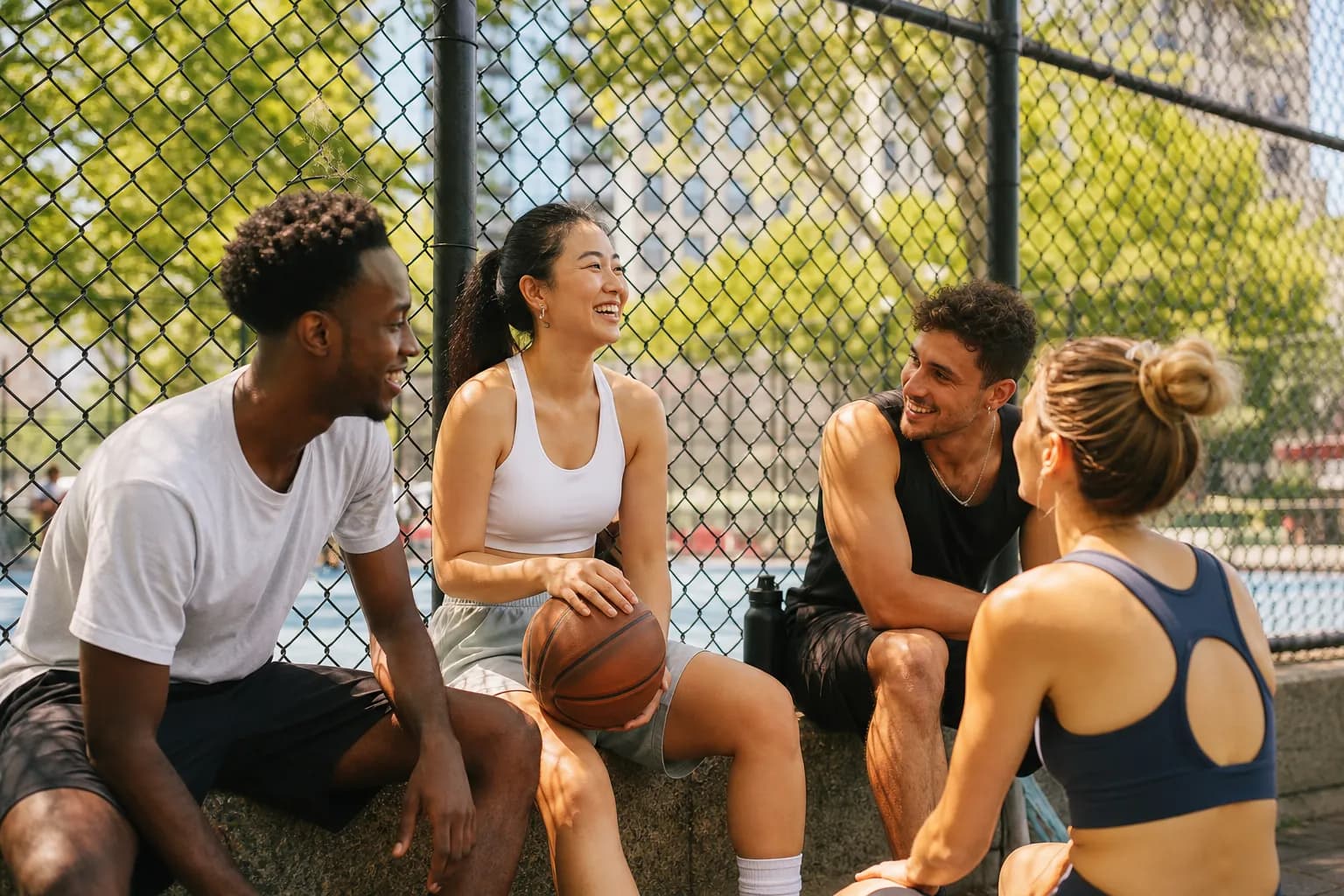 A friendly group resting by a public pickleball court