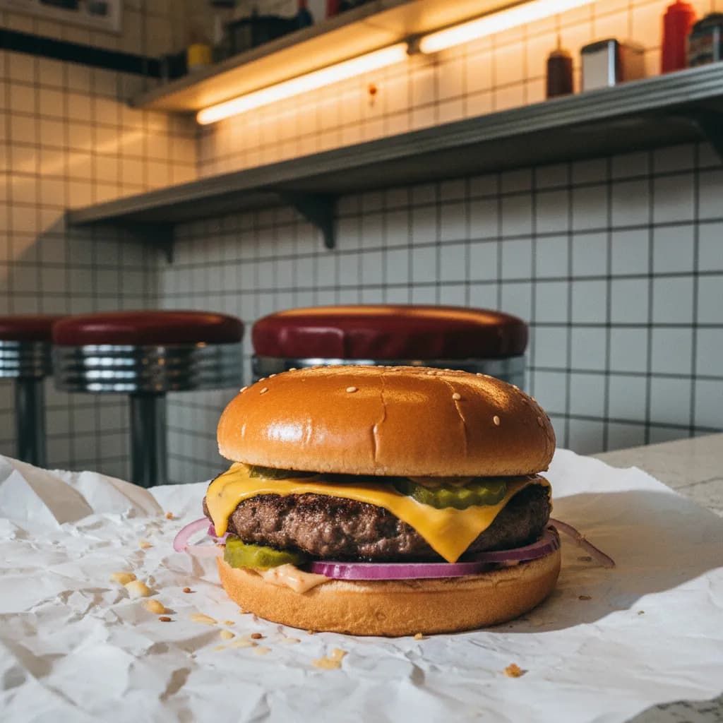 A cheeseburger on wax paper at a small tiled NYC lunch counter