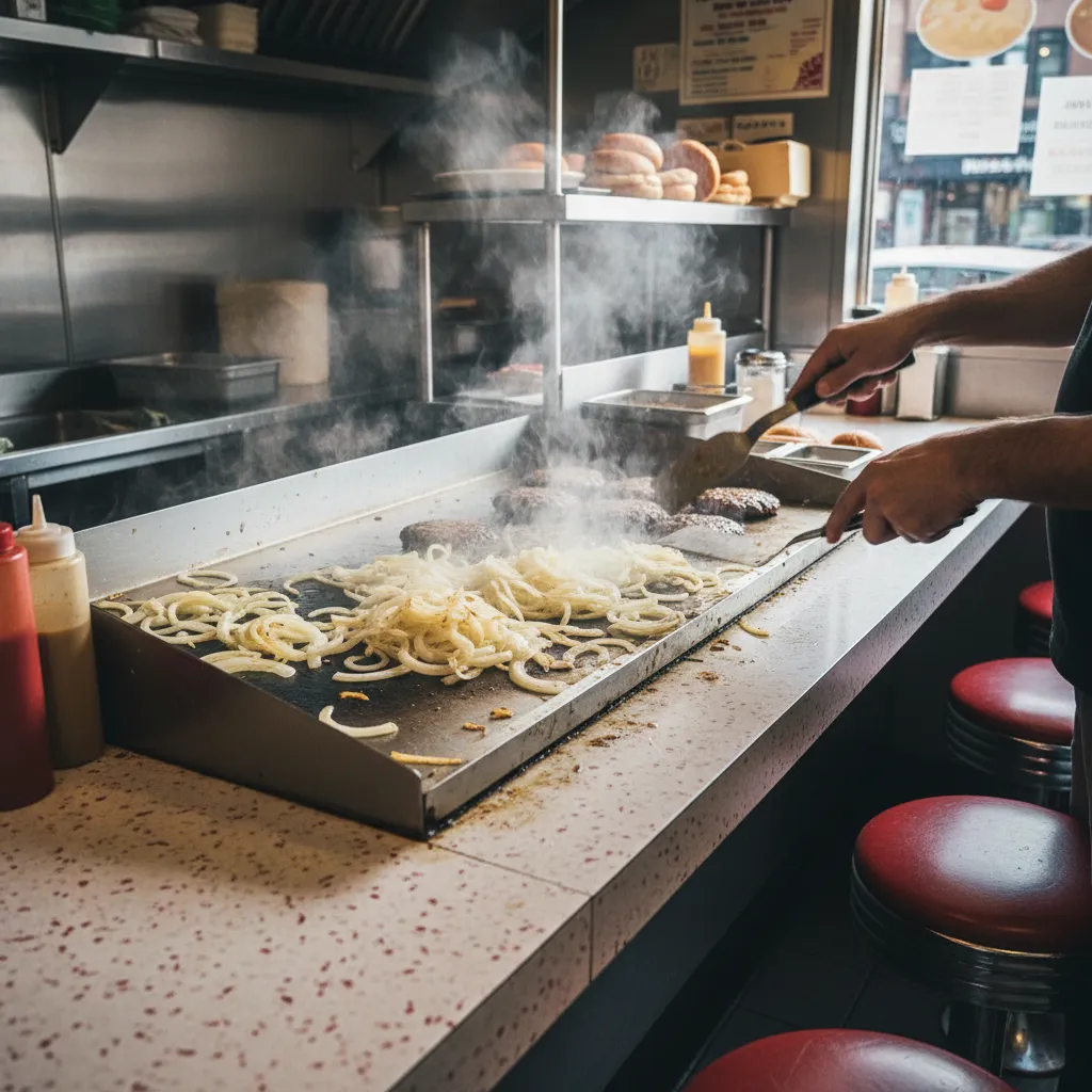 Onions and patties cooking on a flat top griddle at a compact NYC burger counter