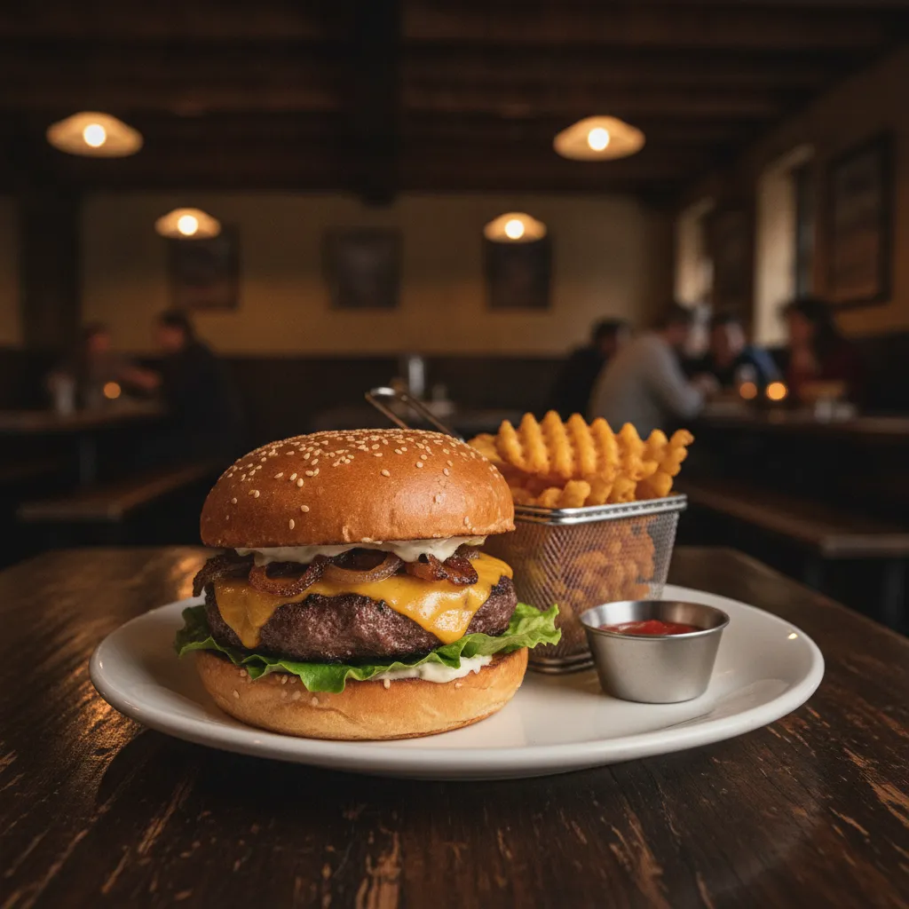 A tavern-style burger on a plate in a low-lit NYC dining room