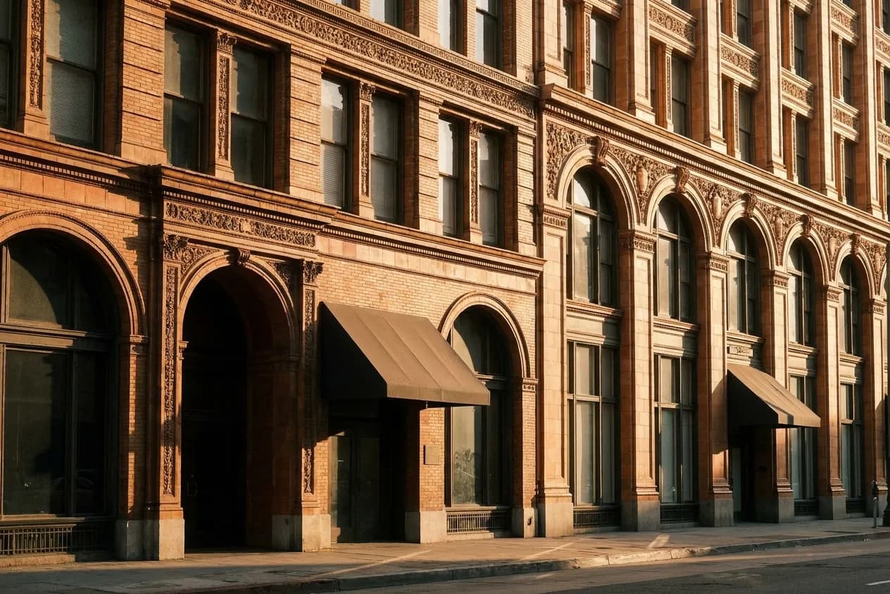 A historic Downtown Los Angeles block in late-afternoon light, early-twentieth-century brick and terracotta buildings with tall arched ground-floor windows, ornate upper-storey detailing and a deep recessed entrance under a plain awning