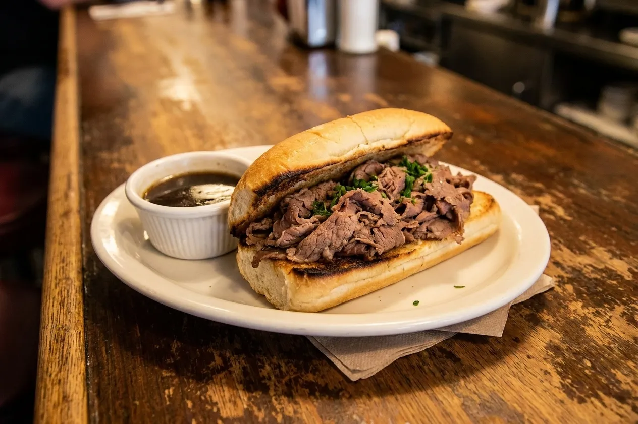 A French dip sandwich on a plain white roll with thin-sliced roast beef, the bread darkened along one dipped edge, served on a white oval plate beside a small ramekin of dark au jus on a worn dark-wood lunch counter