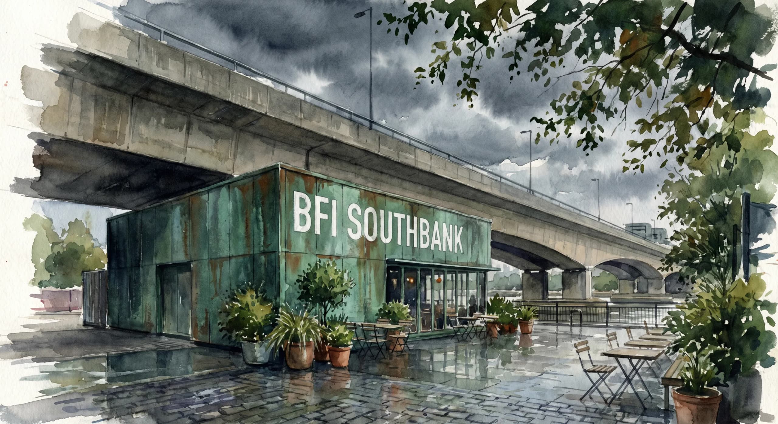 BFI Southbank's entrance under the east end of Waterloo Bridge at dusk — illuminated signage and the brutalist concrete terraces of the South Bank