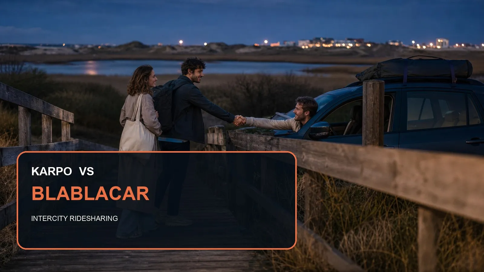 Karpo versus BlaBlaCar in a photorealistic editorial city comparison.