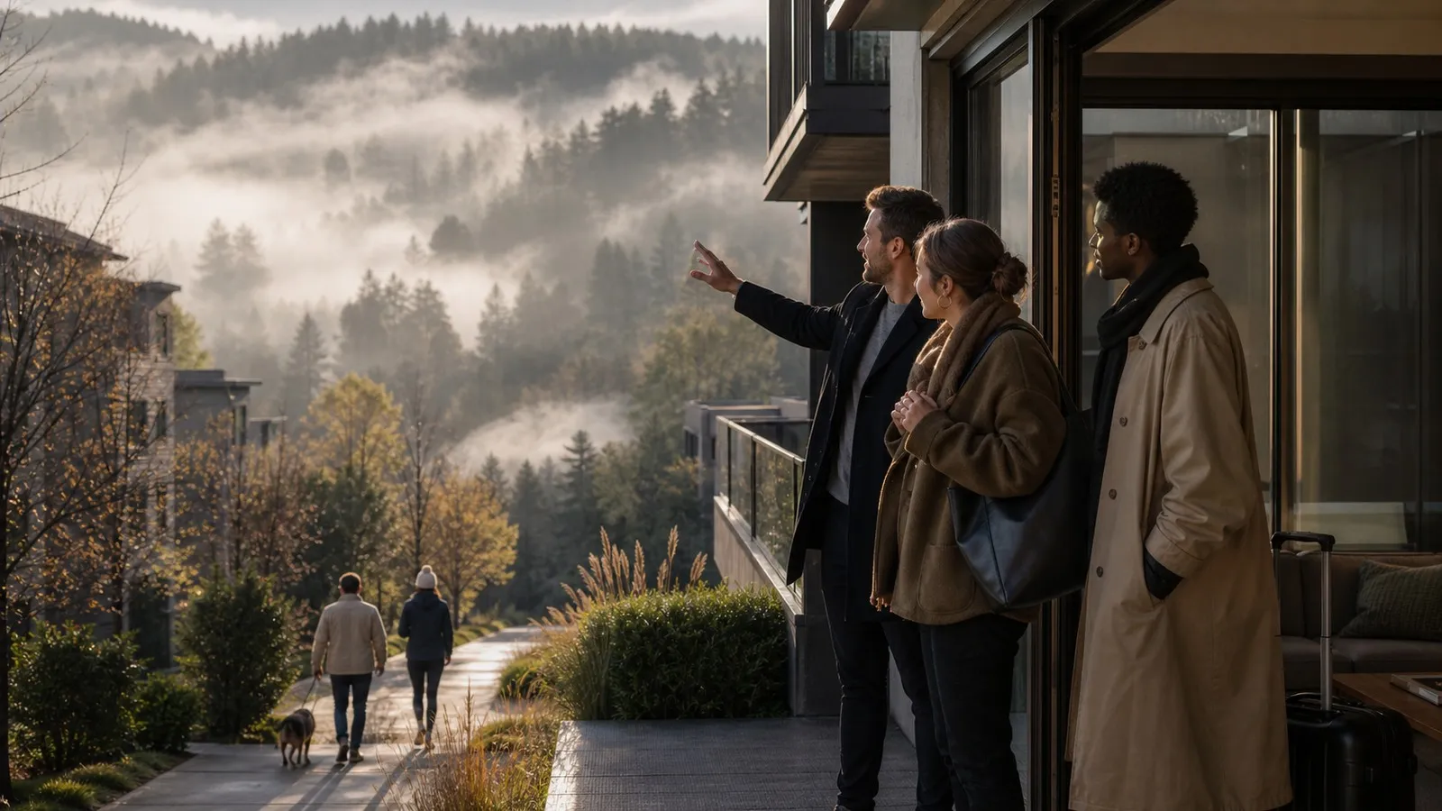 Photorealistic scene showing Karpo coordinating the wider day around Blueground.
