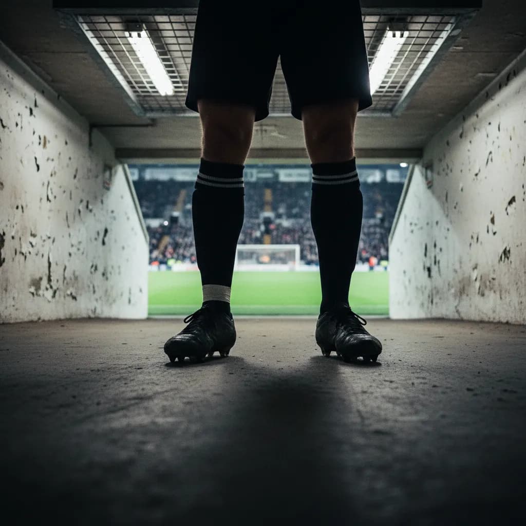 A player's boots in a stadium tunnel with the bright pitch visible at the far end