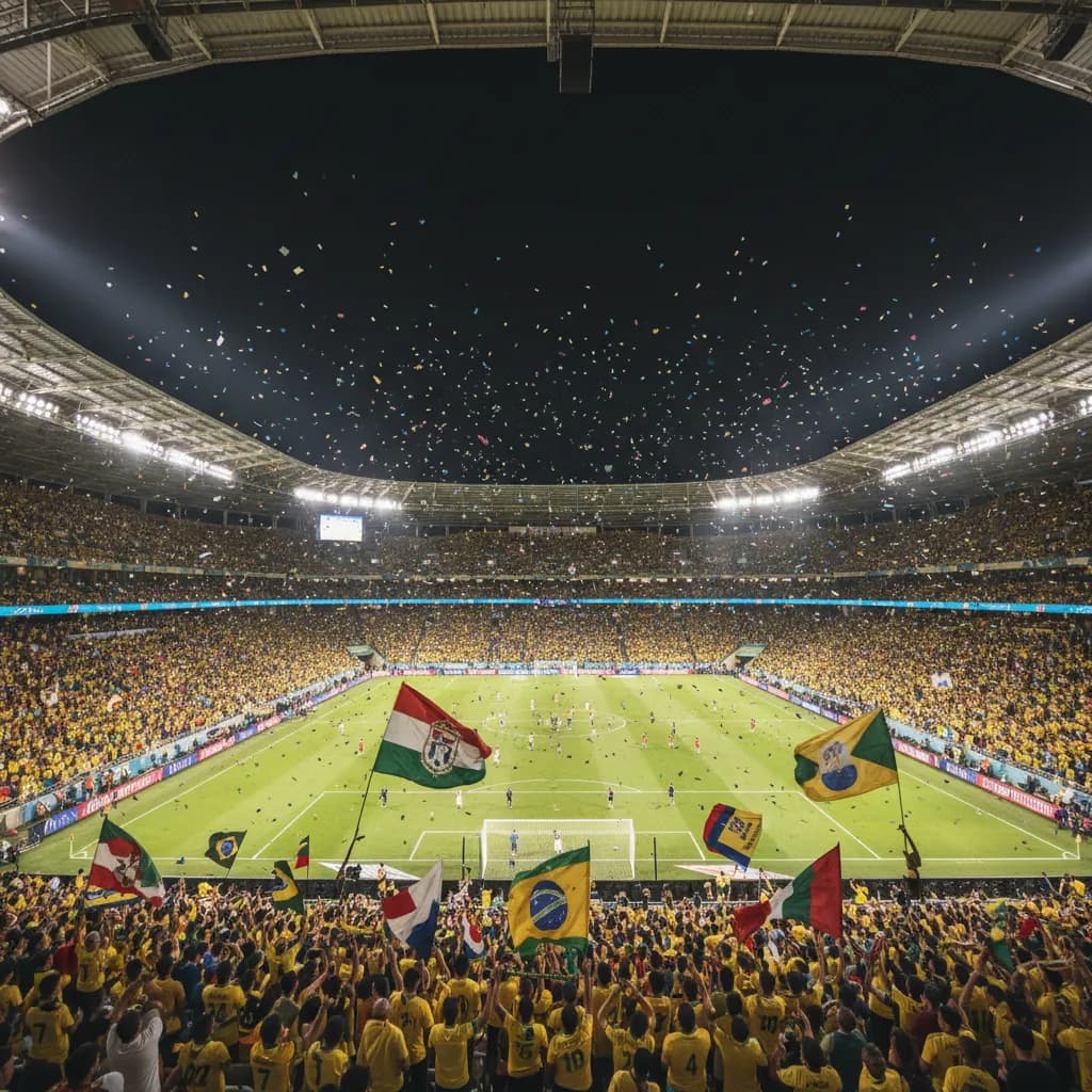 Packed stadium at night with fans in yellow jerseys and floodlights glowing against a dark tropical sky