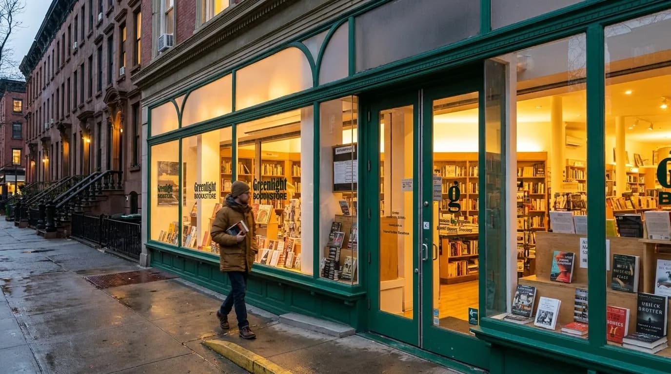 A warmly lit independent bookstore storefront in Fort Greene at dusk.
