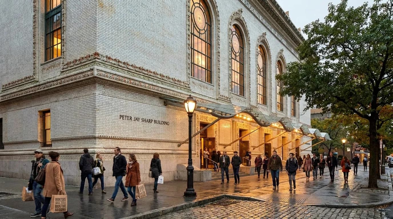 Evening pedestrians outside a historic arts venue in the BAM cultural district.