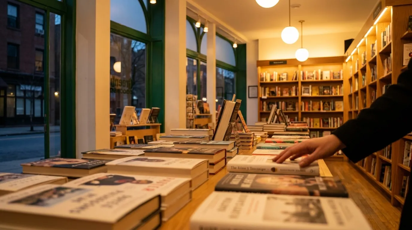 A close view across a new-books table toward warmly lit shelves.