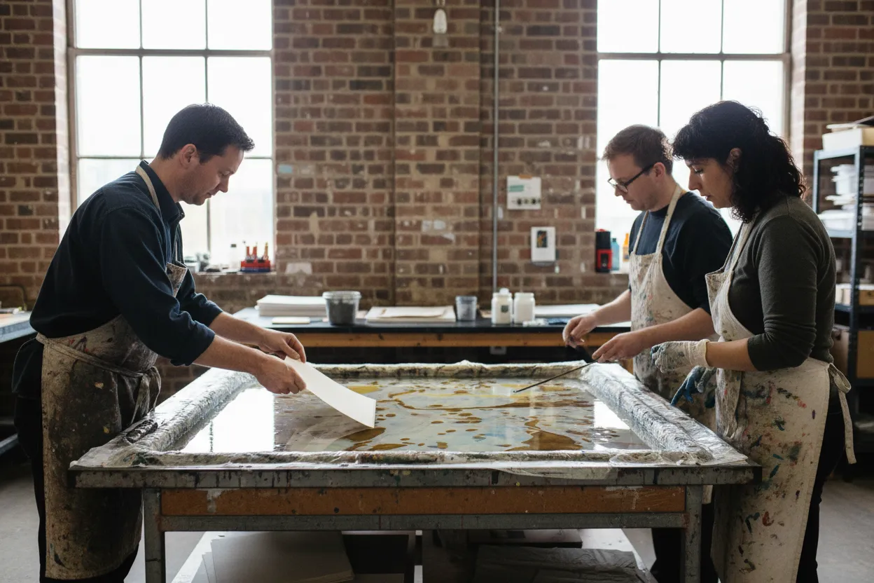 Collaborative printing session in a working New York book-arts studio