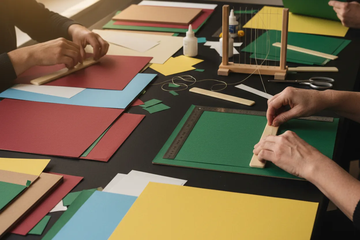 Hands-on bookbinding workshop with paper, board, thread, and tools