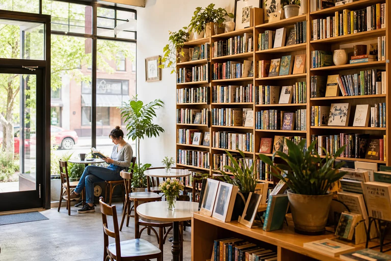 A bright independent NYC bookstore cafe with shelves and small tables