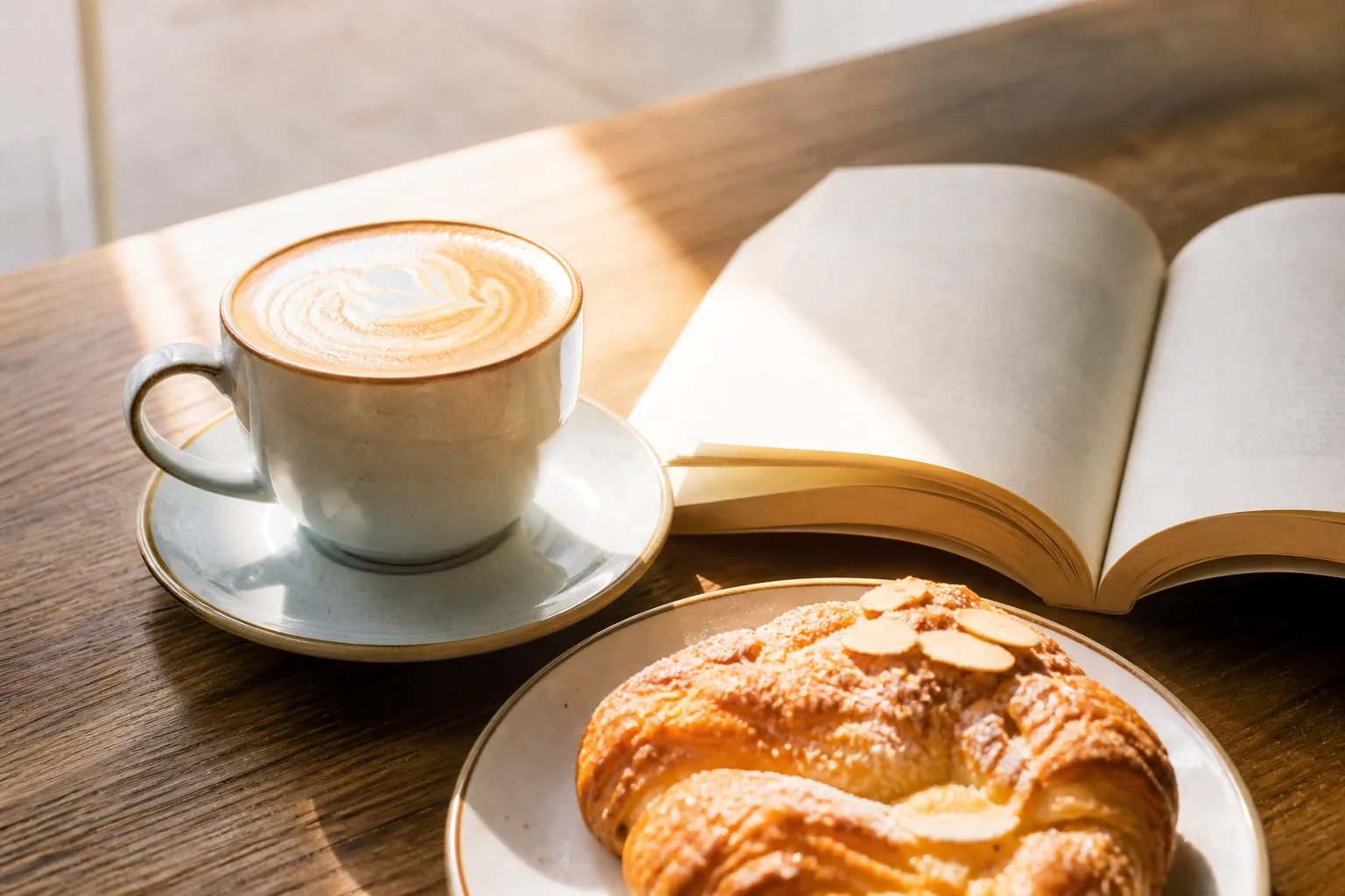 Coffee, pastry, and an open paperback in warm daylight