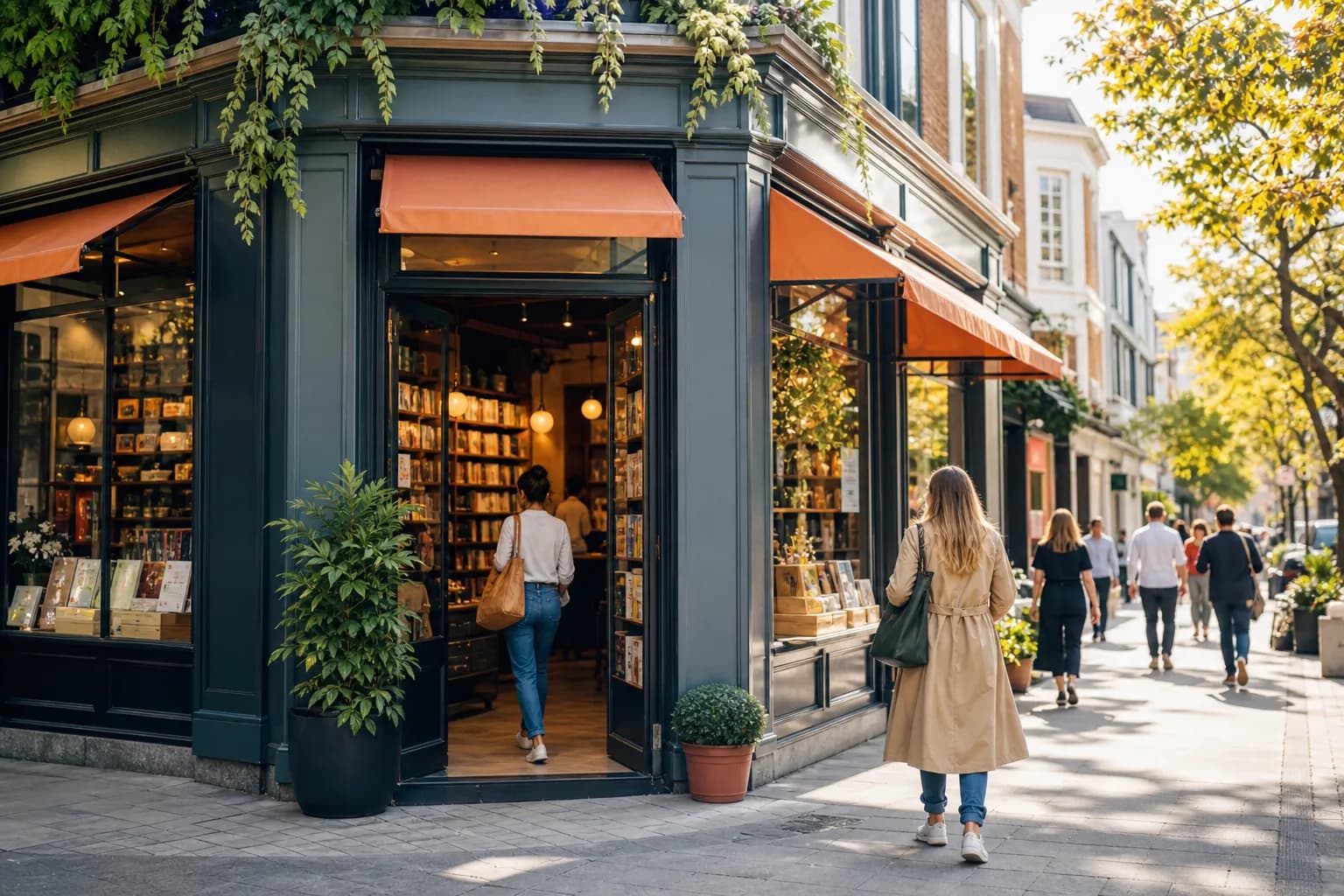 A sunny street-corner bookstore cafe entrance with people arriving