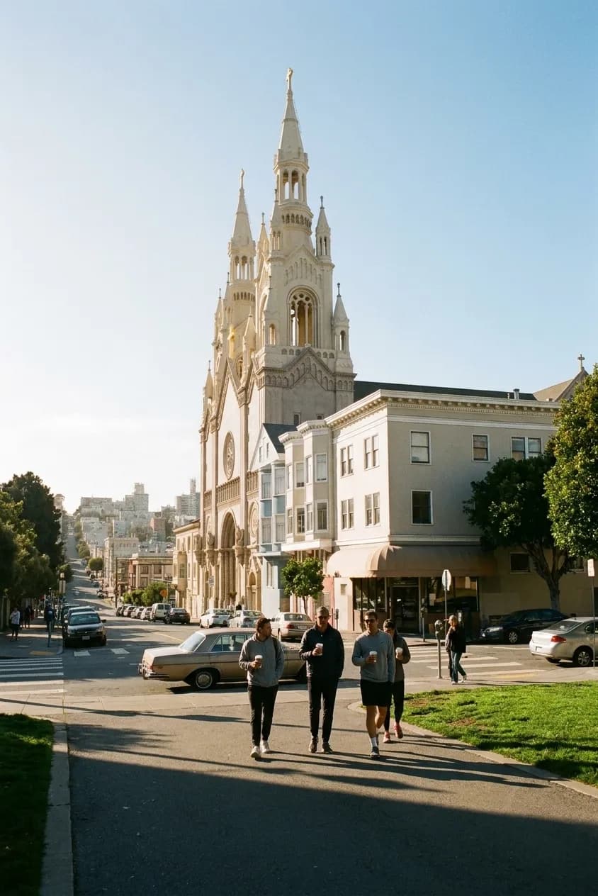 A San Francisco North Beach street on a clear morning, an ornate twin-spired church above low storefronts and people walking downhill with coffee