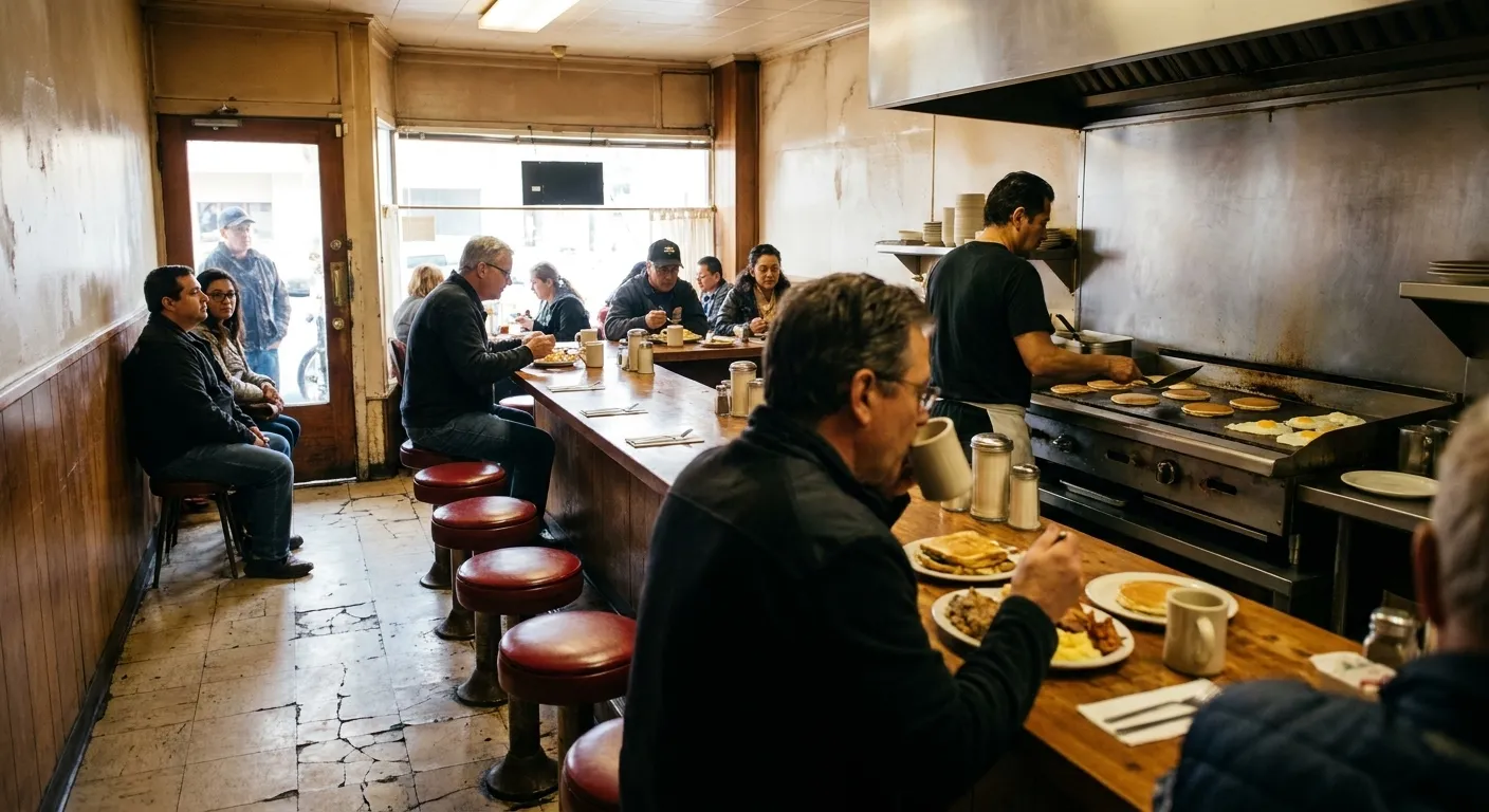 A narrow, full San Francisco breakfast counter mid-morning with a row of stools, plates of eggs and pancakes, a cook working the griddle and people waiting near the door