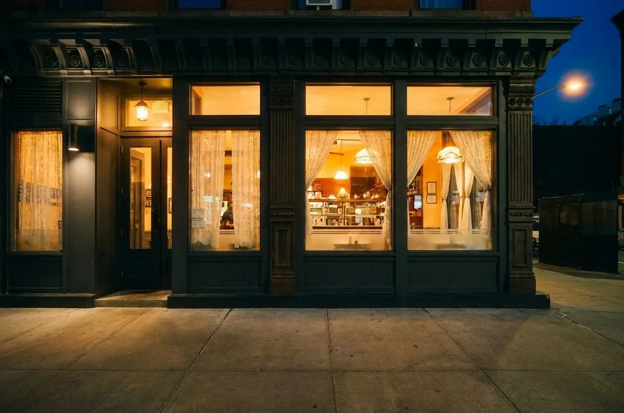 Corner diner storefront glowing warm at night in Two Bridges, Manhattan, with the Manhattan Bridge visible in the dark behind it