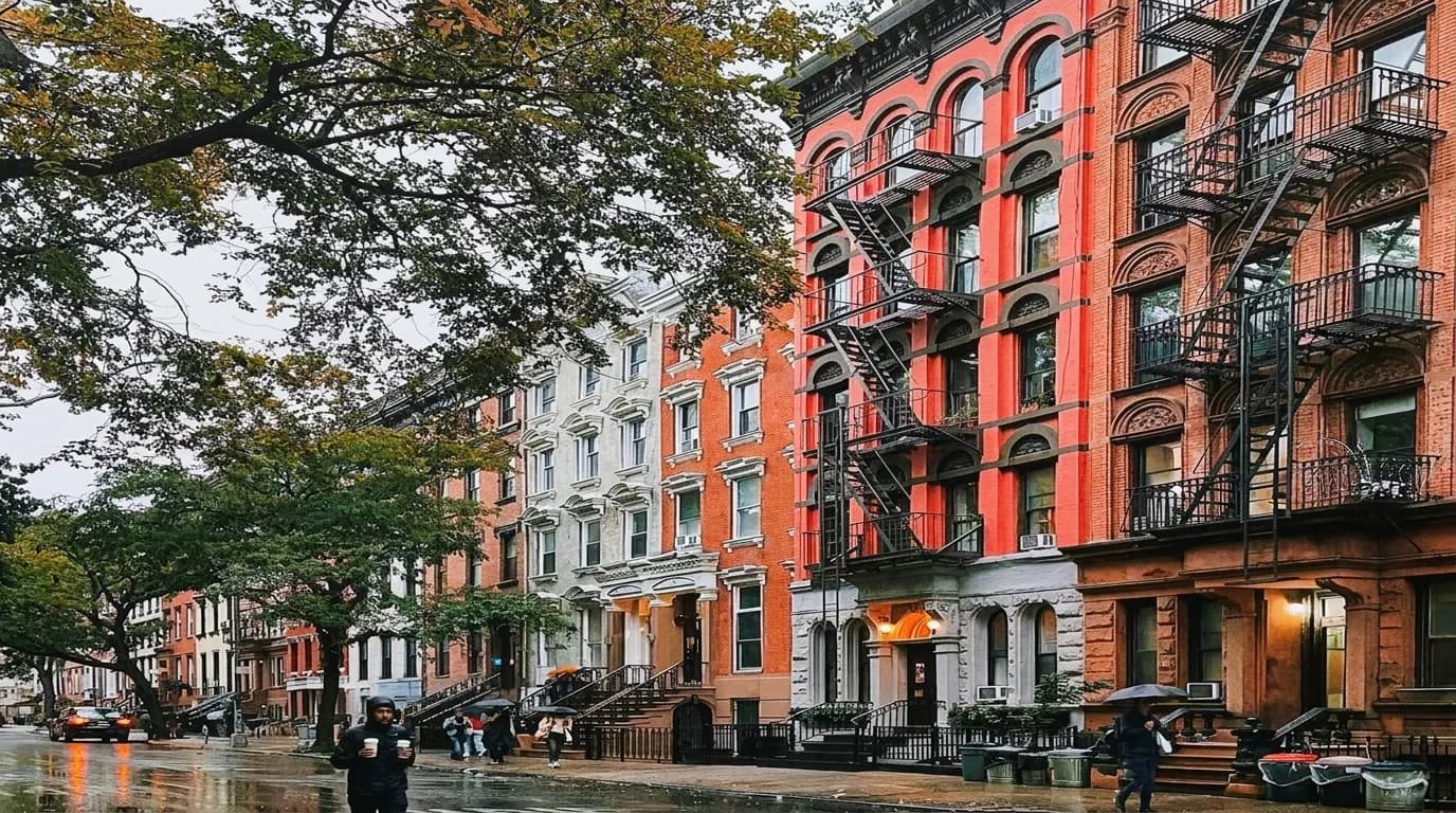 Wide view of an East Village street on a rainy morning, tenement facades and fire escapes above people carrying coffee