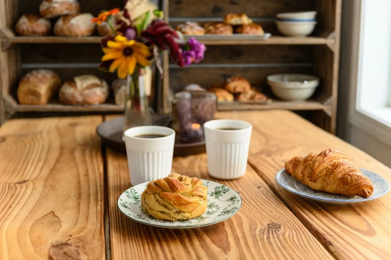 Cardamom bun and croissant with two cups of filter coffee on a wooden bakery table