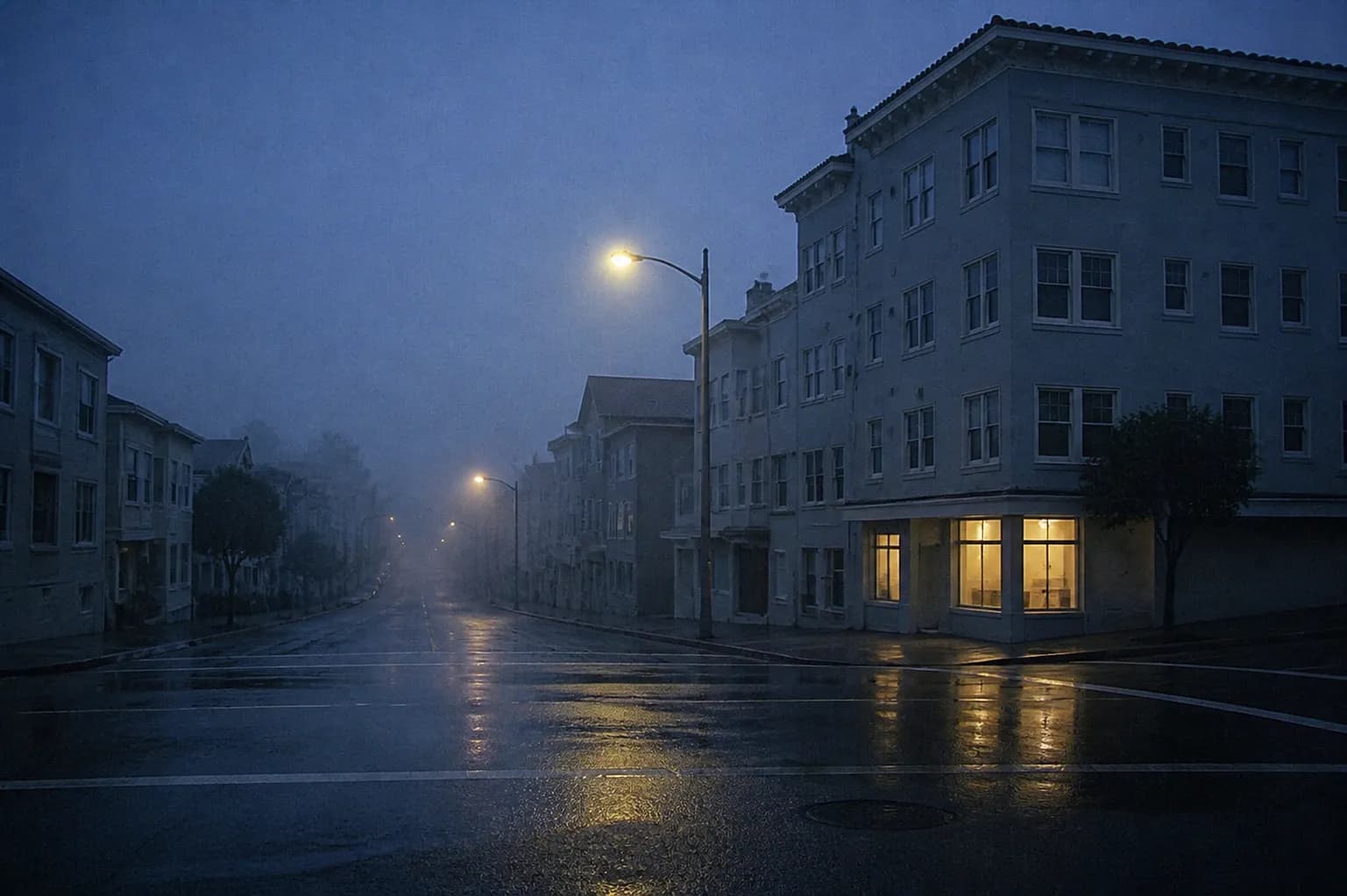 A deserted San Francisco street before sunrise in blue half-light with wet empty pavement, lit streetlights and a single warm glowing shopfront window on the corner