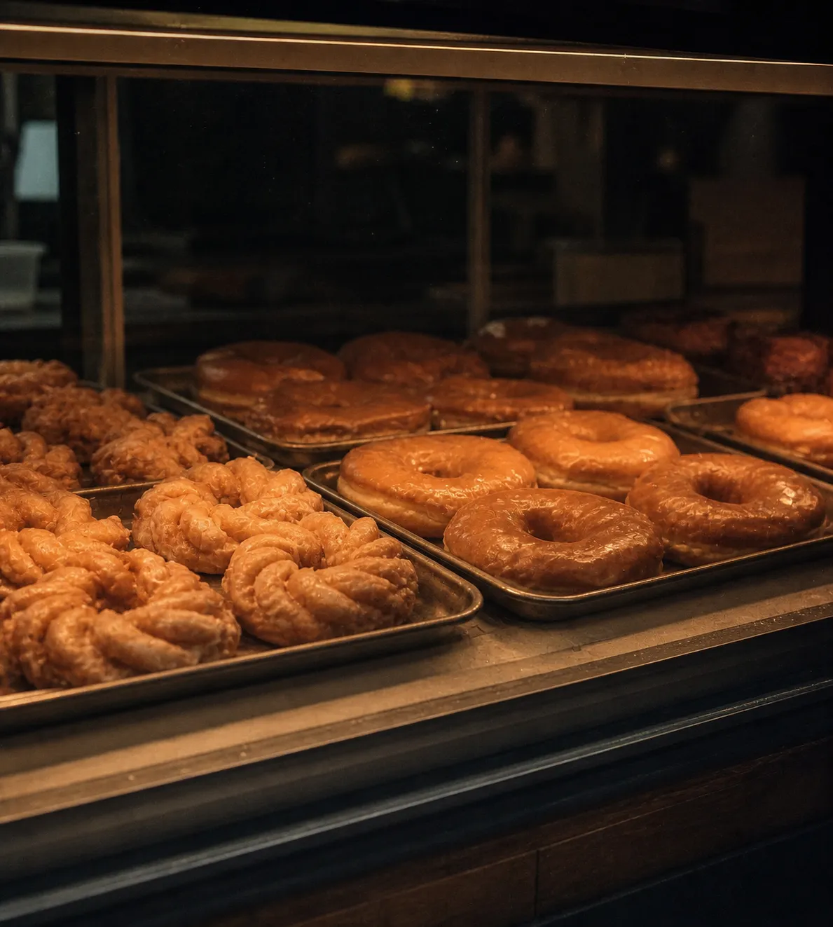 A neighbourhood doughnut shop display case lit warm against the dark in the pre-dawn hours, rows of plain glazed and old-fashioned doughnuts on simple metal trays