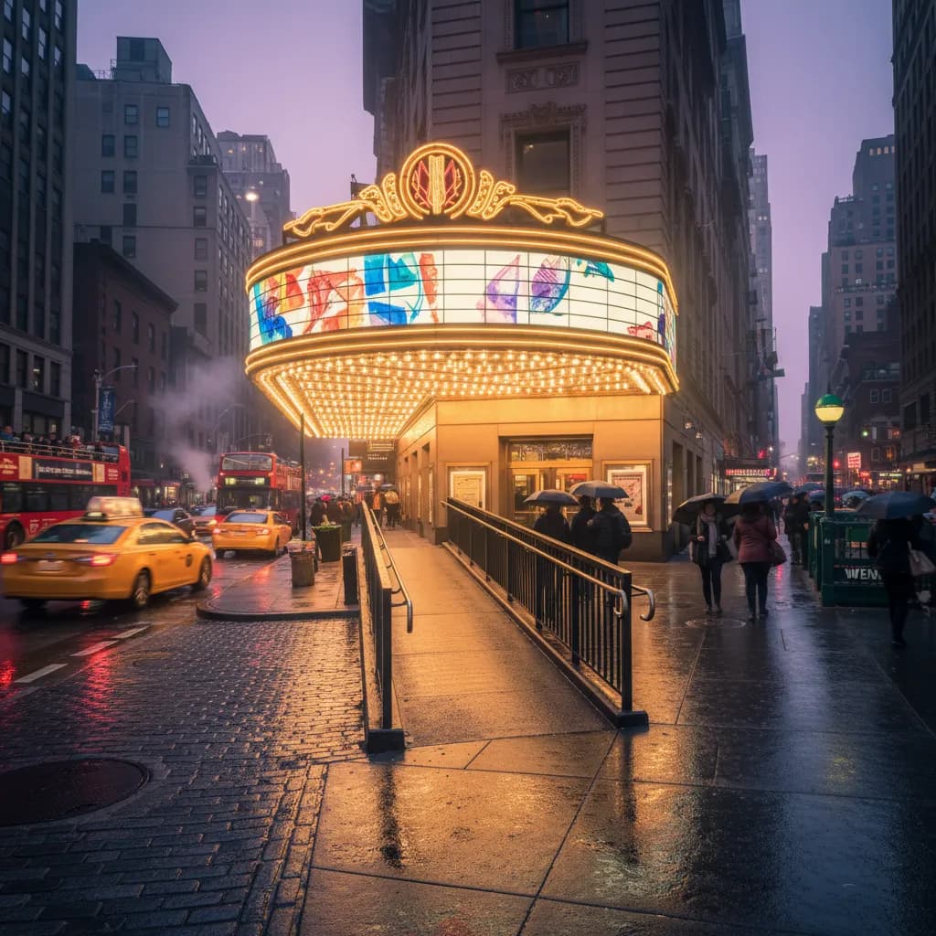 A Theater District entrance scene with an accessible route at dusk.