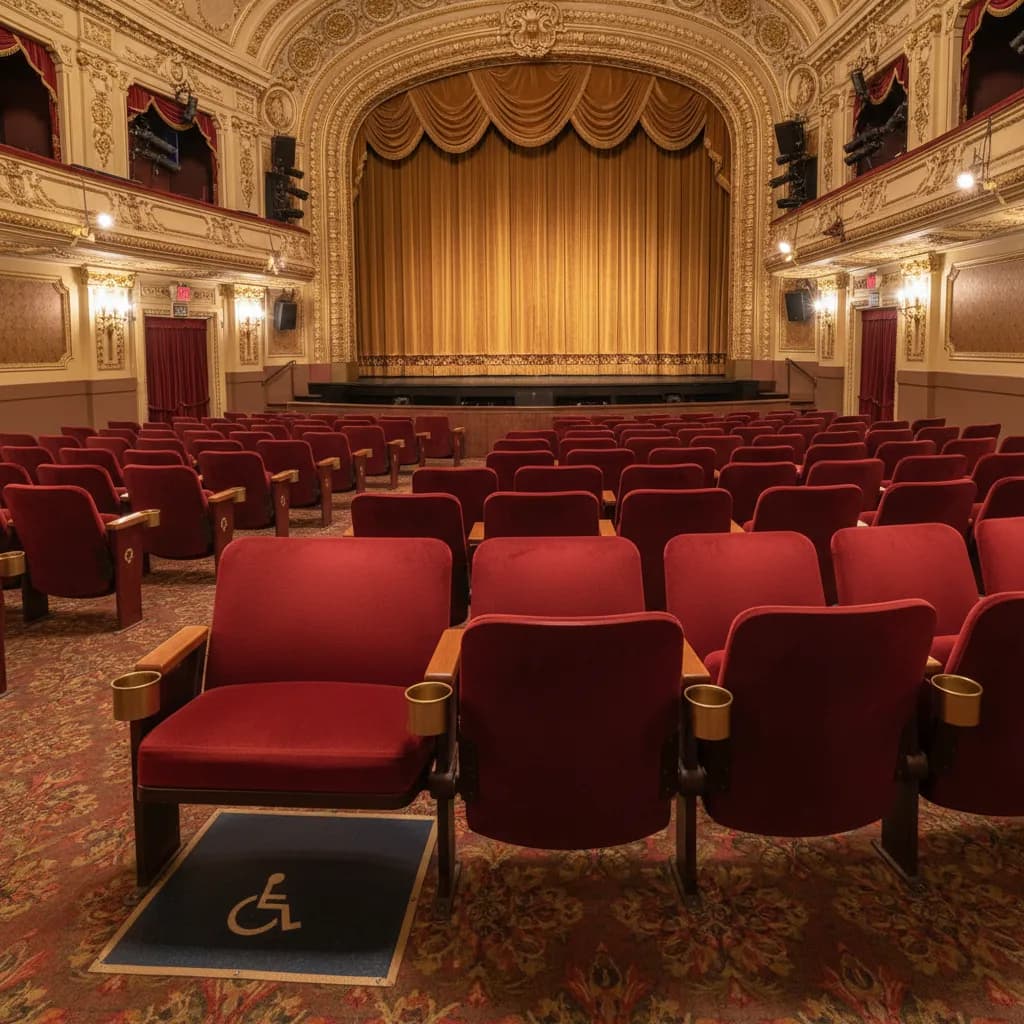 Accessible theater seating and companion space before a Broadway performance.