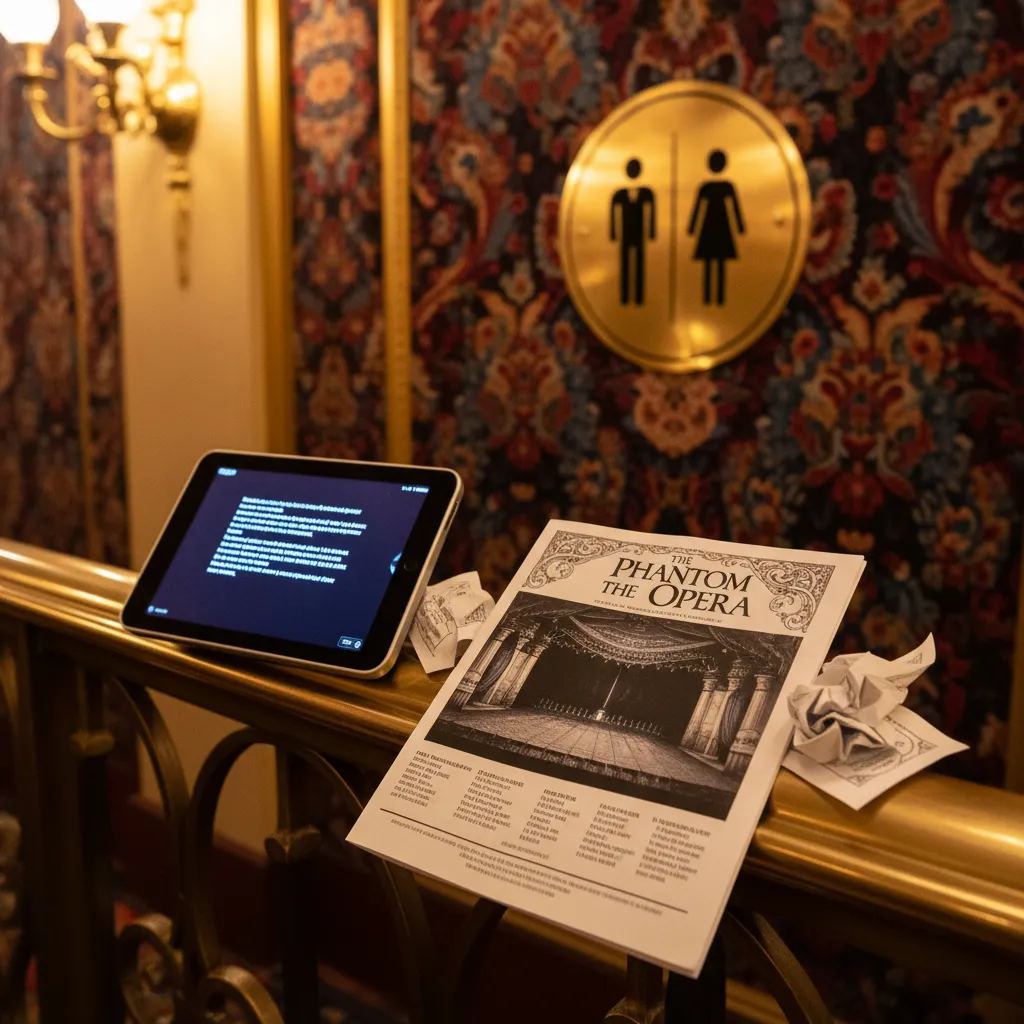 Captioning device and accessibility materials in a NYC theater lobby.