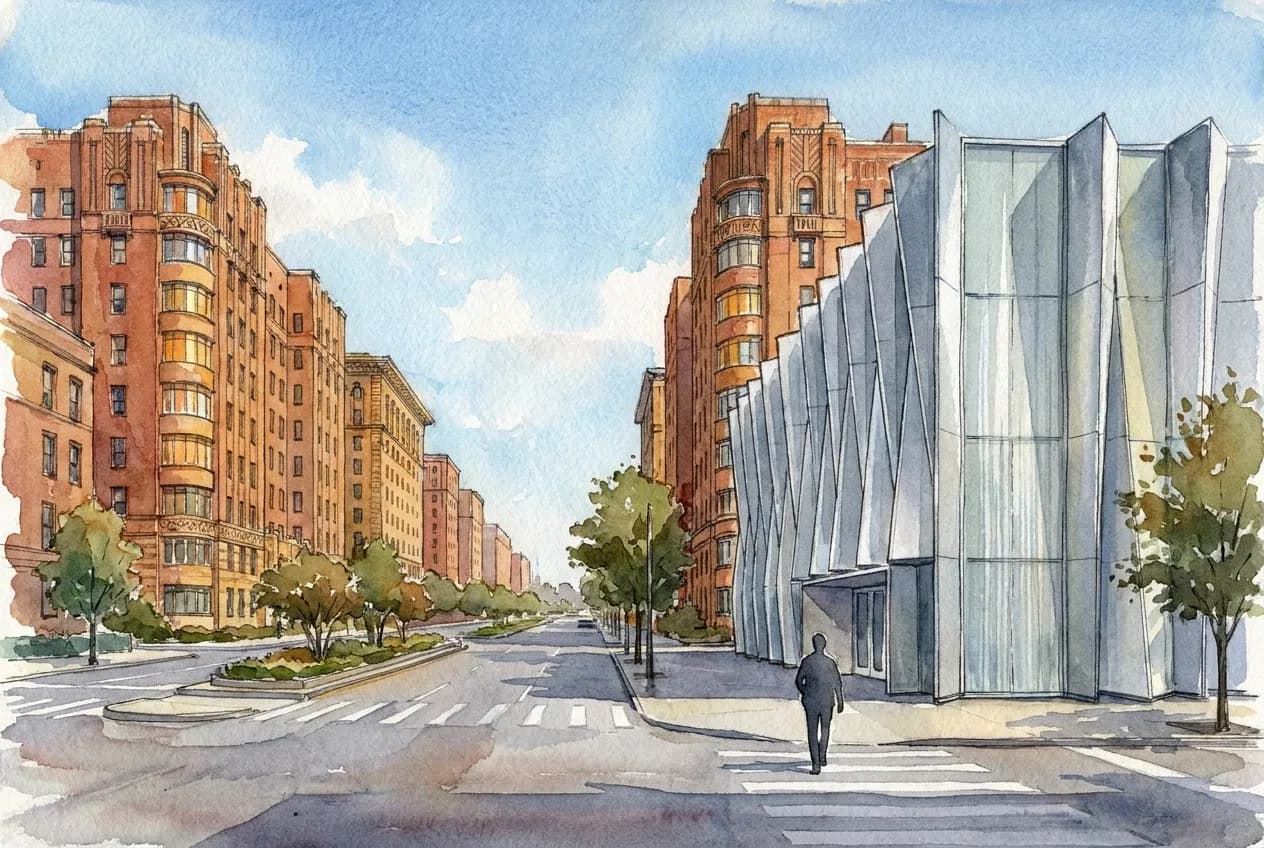 AI-generated watercolor: the Grand Concourse in the Bronx looking north, the Bronx Museum's pleated aluminum facade contrasting with 1930s Art Deco apartment buildings, warm terracotta brick and cool silver-grey, afternoon light