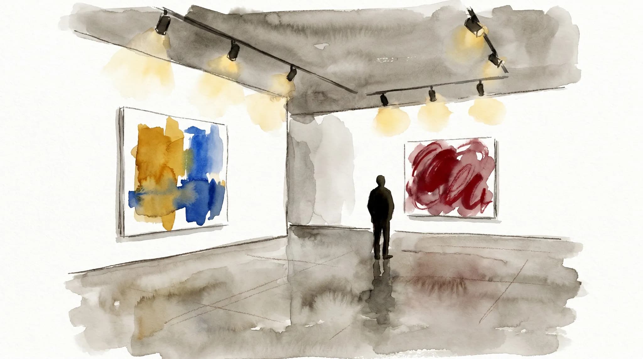 AI-generated watercolor: contemporary art museum gallery interior with large-format abstract paintings in ochre and cobalt on white walls, track lighting, a single silhouetted visitor examining a work, polished concrete floor