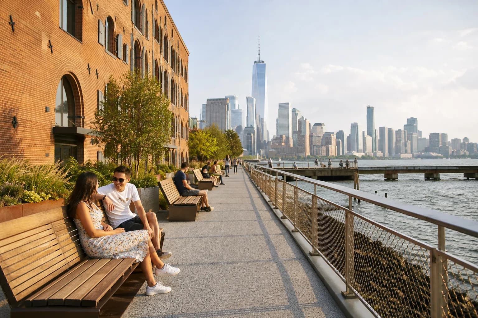 A bright Brooklyn waterfront design walk with skyline light