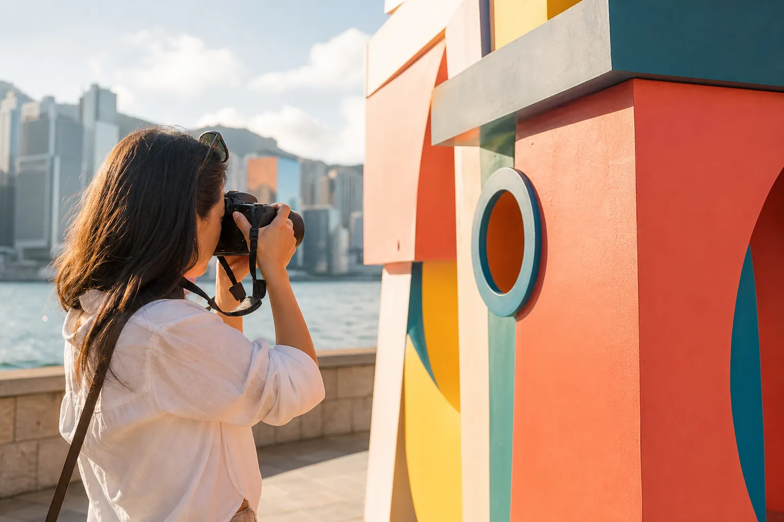 Colorful public art geometry and waterfront textures