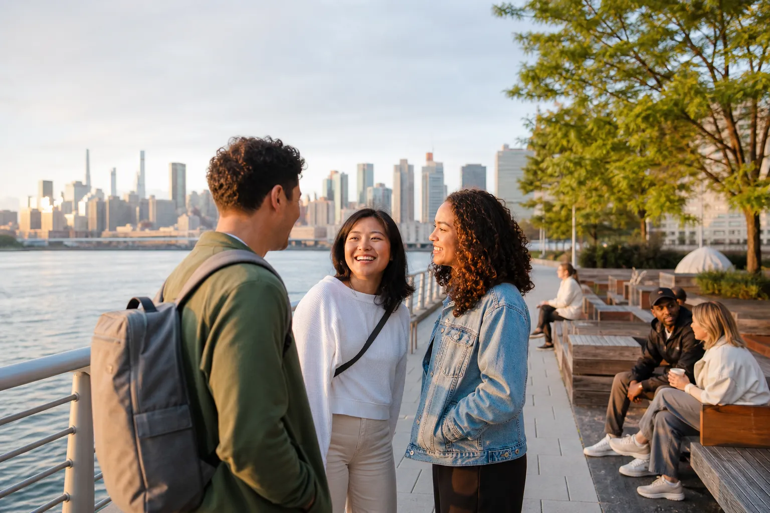 A small group pausing by public seating on the Brooklyn waterfront