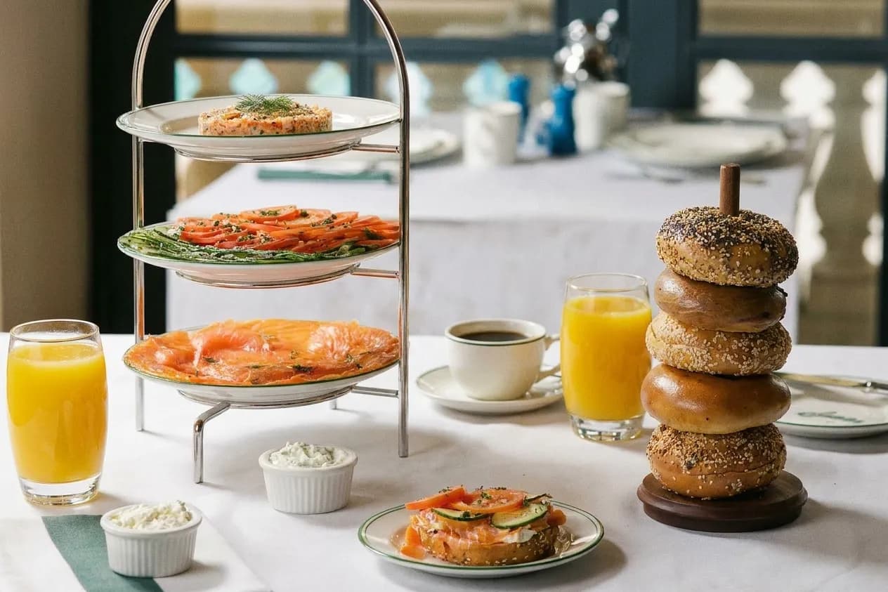 Tabletop brunch spread with a tiered smoked salmon stand, stacked bagel tower, coffee and orange juice on white linen