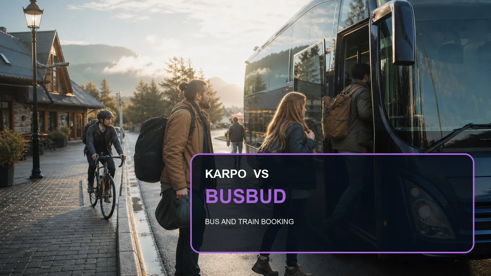 Karpo versus Busbud in a photorealistic editorial city comparison.