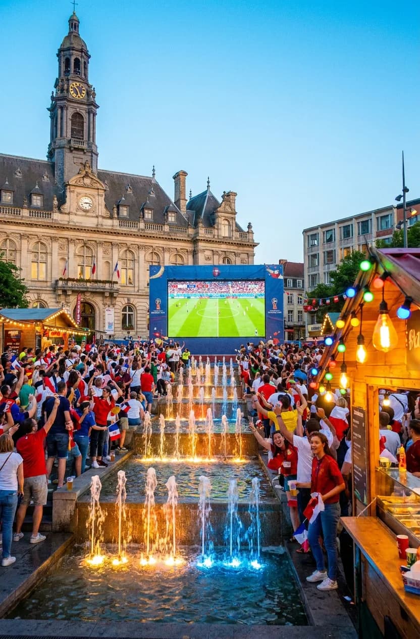 Flushing plaza fountains double as amphitheater seating when World Cup projections sync with weekend fireworks displays overhead - World Cup 2026