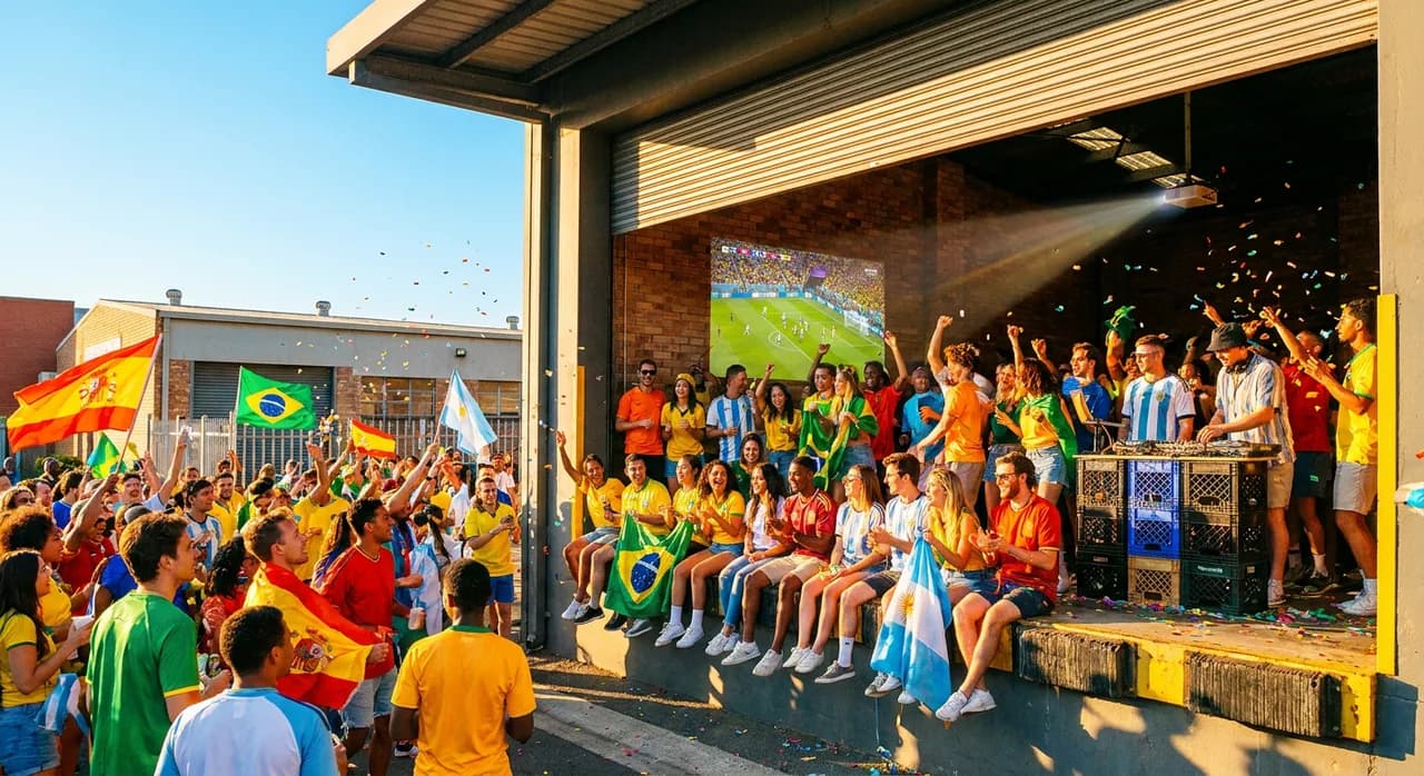 Bushwick warehouse loading docks turn into block party screening zones with DJs spinning between World Cup match halves - World Cup 2026