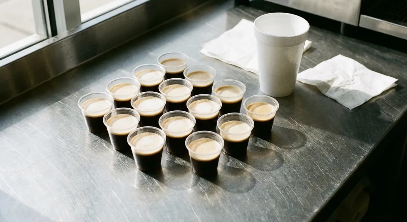 Tiny paper cups of dark coffee arranged on a steel counter
