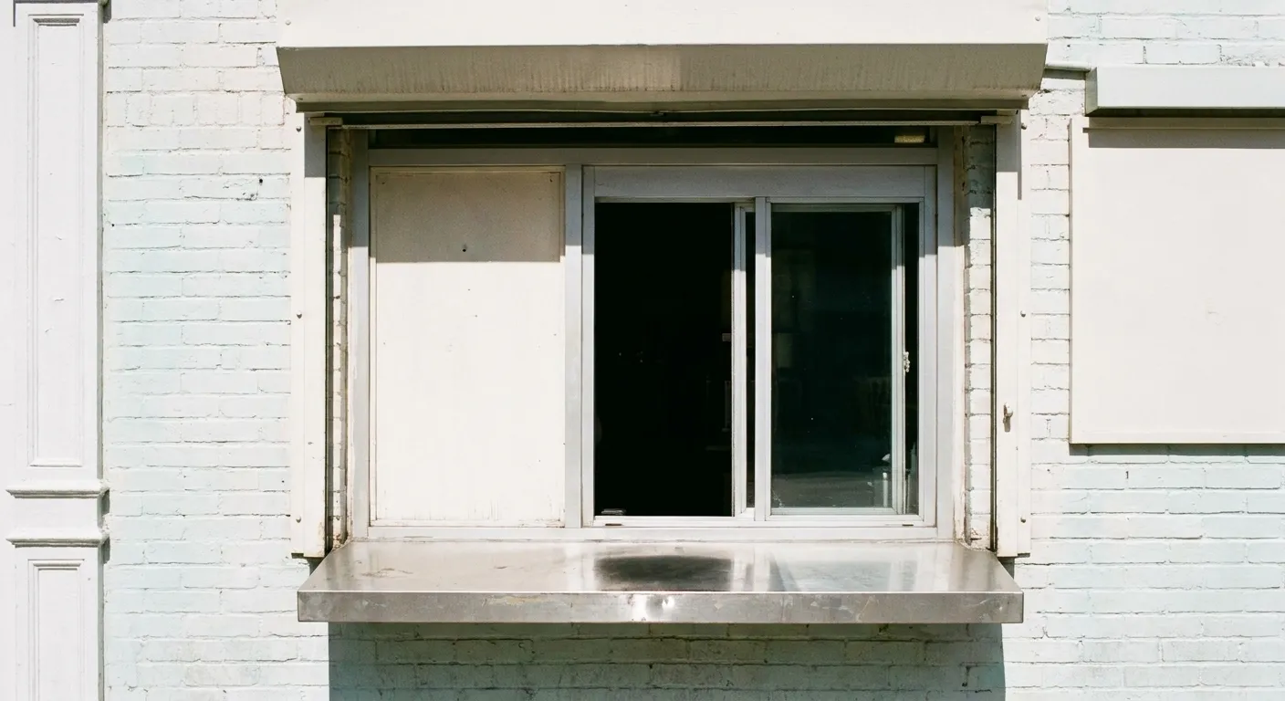 A small walk-up coffee window in a New York storefront with a narrow counter ledge
