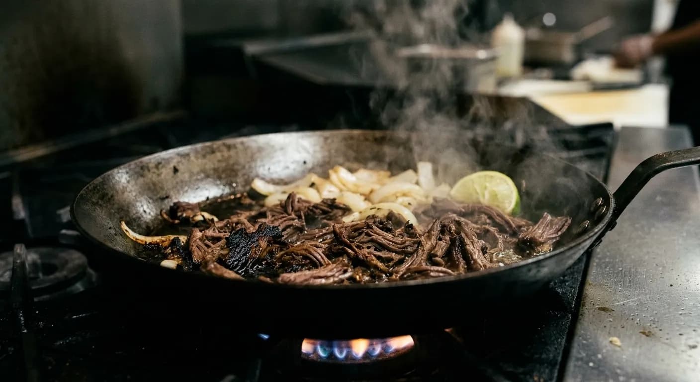 A hot dry pan with shredded beef crisping at the edges